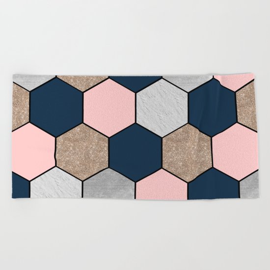 Navy and peach marble and foil hexagons Beach Towel