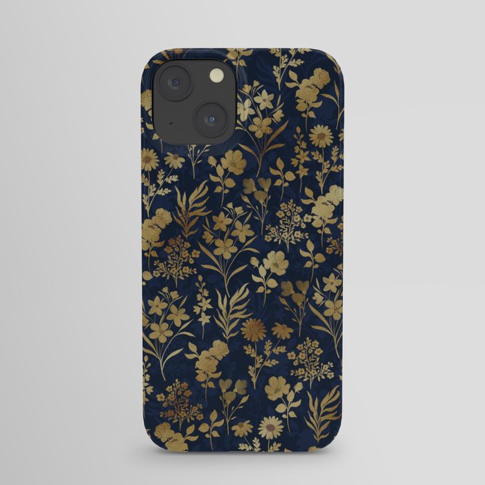 Elegant Gold Flowers Blue Botanical iPhone Case