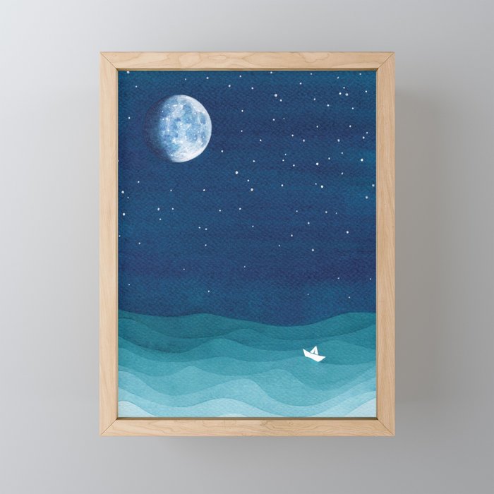 Moon Phase, teal watercolor Framed Mini Art Print