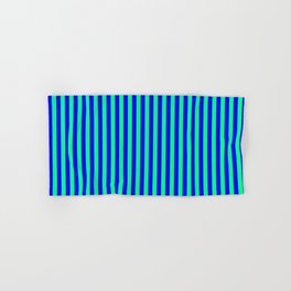 [ Thumbnail: Green and Blue Colored Lined/Striped Pattern Hand & Bath Towel ]
