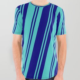 [ Thumbnail: Blue & Turquoise Colored Pattern of Stripes All Over Graphic Tee ]