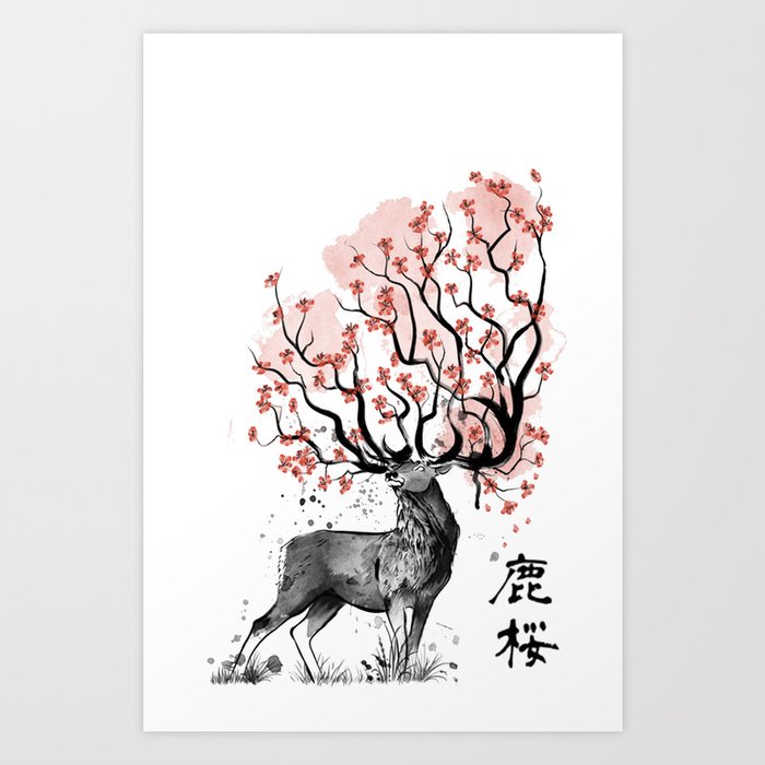 Sakura Deer Art Print