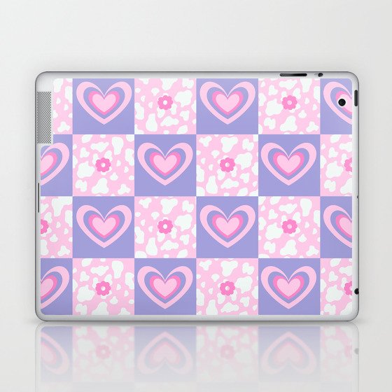 Hearts + Howdy Cow Spots + 70s Flowers on Checker Laptop & iPad Skin
