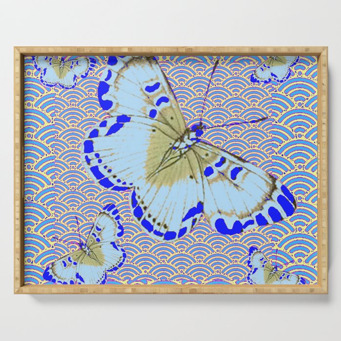 ORIENTAL STYLE BLUE-WHITE EXOTIC BUTTERFLY BLUE ART Serving Tray