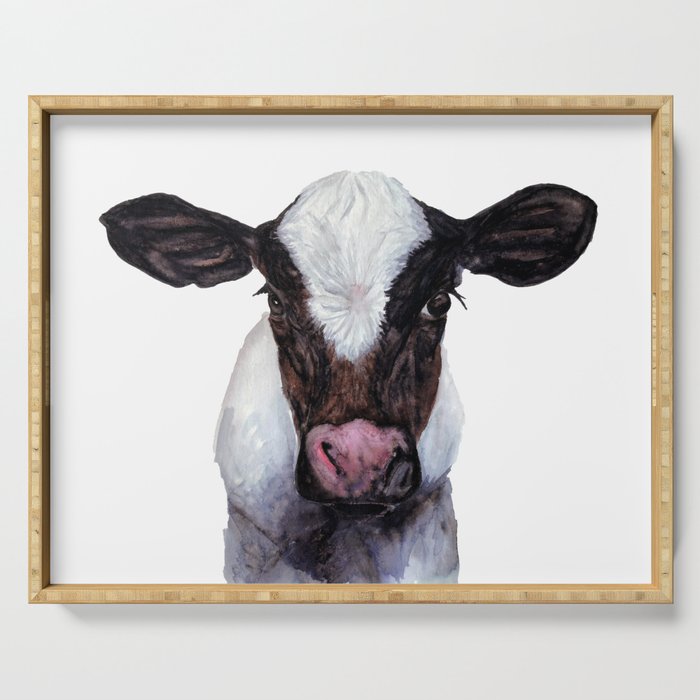 Baby Cow Black and White Calf Watercolor Farm Animal Art Print Serving Tray