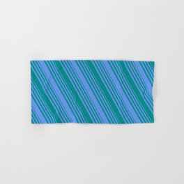 [ Thumbnail: Cornflower Blue and Dark Cyan Colored Striped/Lined Pattern Hand & Bath Towel ]
