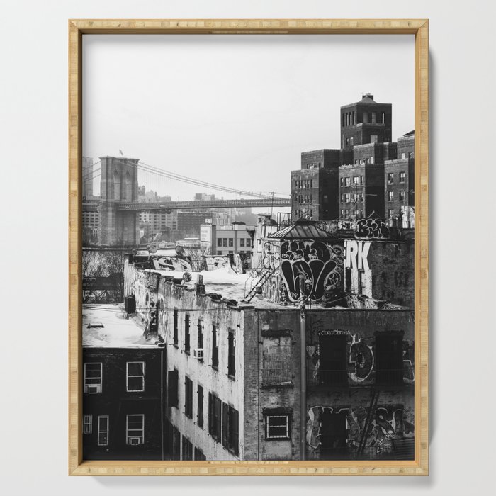 New York City | Brooklyn Bridge View | Black and White Photography Serving Tray
