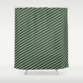 [ Thumbnail: Dim Gray, Light Green & Black Colored Lined/Striped Pattern Shower Curtain ]