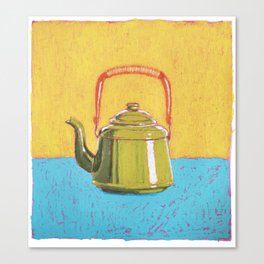 Little Green Teapot | Cottagecore Oil Pastel Art Canvas Print