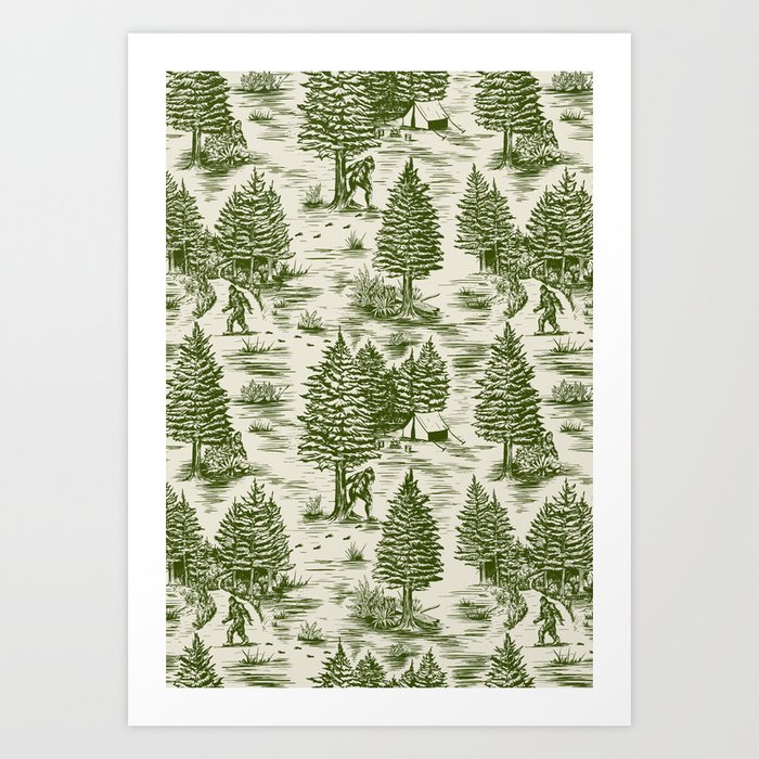 Bigfoot / Sasquatch Toile de Jouy in Forest Green Art Print