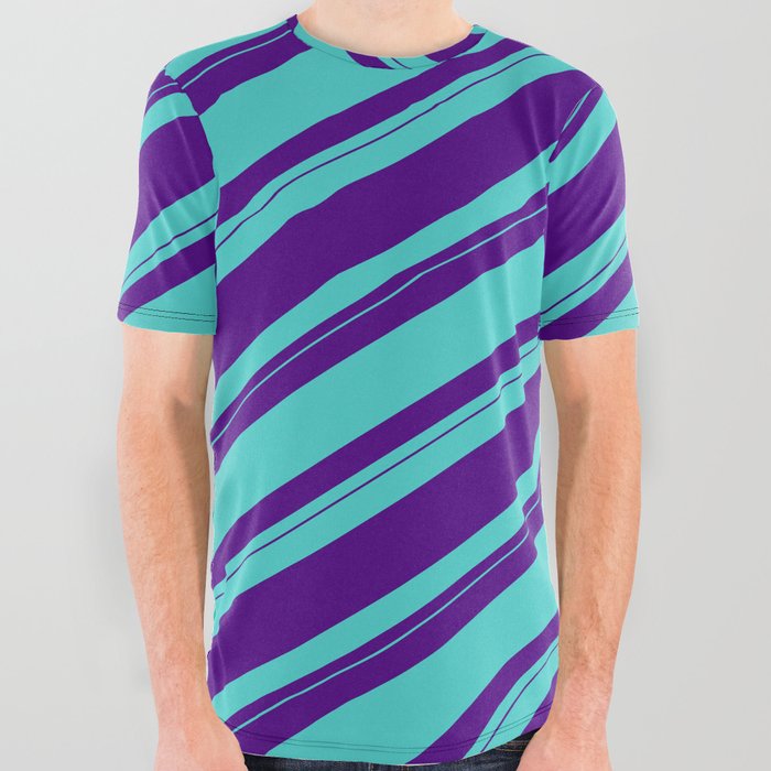 Indigo & Turquoise Colored Striped/Lined Pattern All Over Graphic Tee