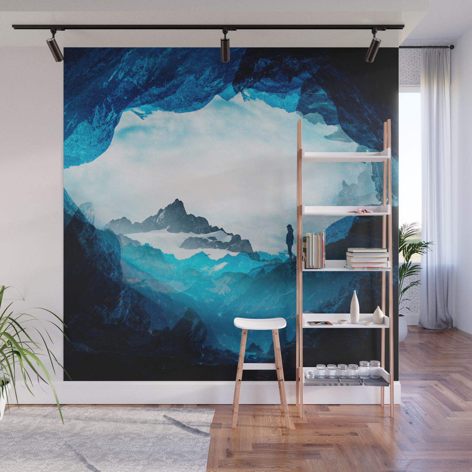 Figure Silhouette Blue Misty Mountains Wall Mural By Stoianhitrov