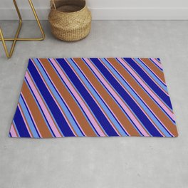 [ Thumbnail: Sienna, Plum, Dark Blue & Cornflower Blue Colored Lines/Stripes Pattern Rug ]