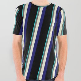 [ Thumbnail: Eye-catching Aqua, Dim Gray, Beige, Midnight Blue & Black Colored Stripes Pattern All Over Graphic Tee ]