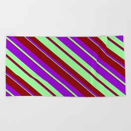 [ Thumbnail: Green, Dark Red & Dark Violet Colored Lined/Striped Pattern Beach Towel ]
