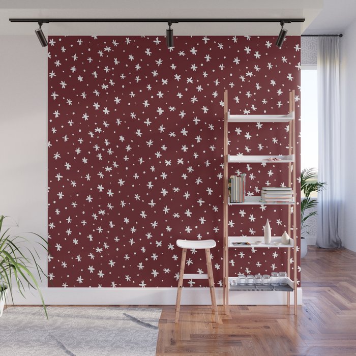 Snowflakes and dots - burgundy and white Wall Mural