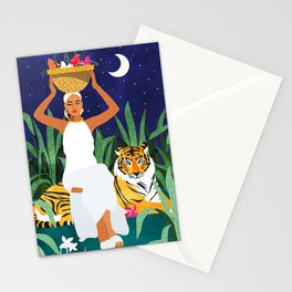 Tiger Camping, Wildlife Wild Jungle Illustration, Modern Bohemian Black Woman, Starry Night Moon Stationery Card