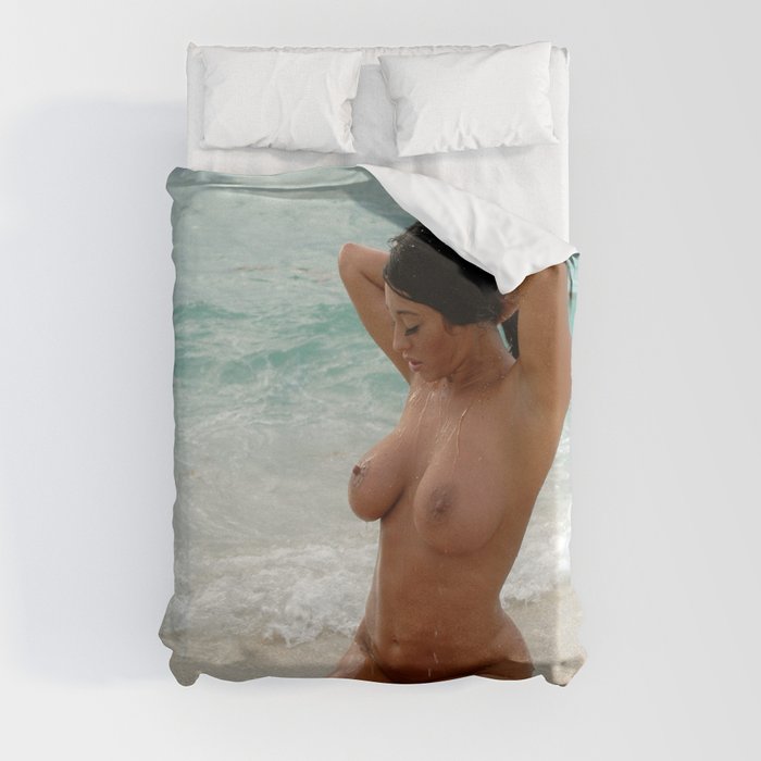 9037-SS Beautiful Naked Woman Nude Beach Sand Surf Big Breasts Long Black Hair Sexy Erotic Art Duvet Cover