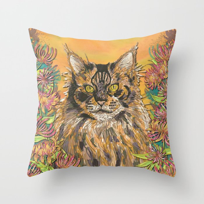 Honeysuckle Cat (Maine Coon Cat) Throw Pillow