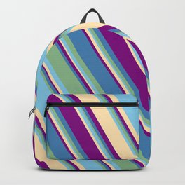[ Thumbnail: Eyecatching Blue, Dark Sea Green, Sky Blue, Beige, and Purple Colored Lines Pattern Backpack ]