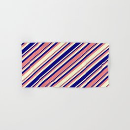 [ Thumbnail: Light Coral, Light Yellow, and Blue Colored Lined/Striped Pattern Hand & Bath Towel ]