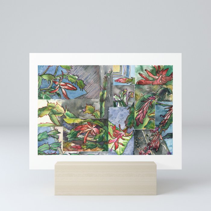 Christmas Cactus Watecolor Painting Collage Botanical Art