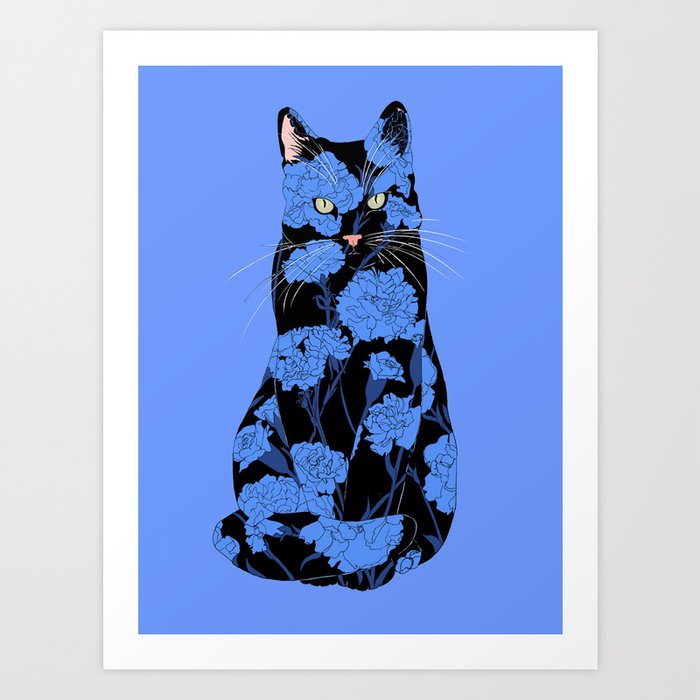 Black Carnation Cat - Blue Florals Art Print
