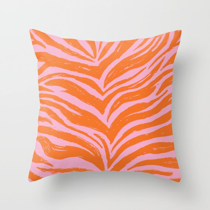Bright Pink and Orange Tiger Stripes - Animal Print - Zebra Print Throw Pillow