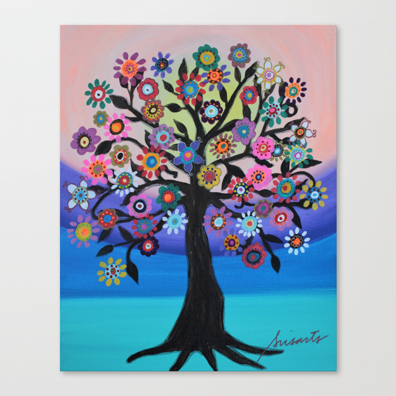 Whimsical Blooming Love Tree Of Life Painting Canvas Print By