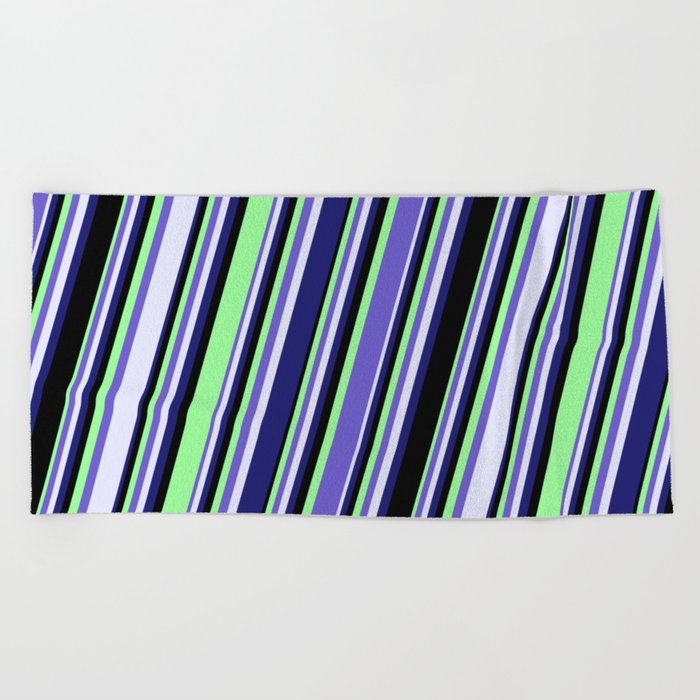 Slate Blue, Lavender, Midnight Blue, Black & Green Colored Lines/Stripes Pattern Beach Towel