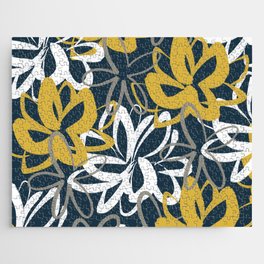 Lotus Garden Painted Floral Pattern in Light Mustard, White, and Gray on Navy Blue Jigsaw Puzzle