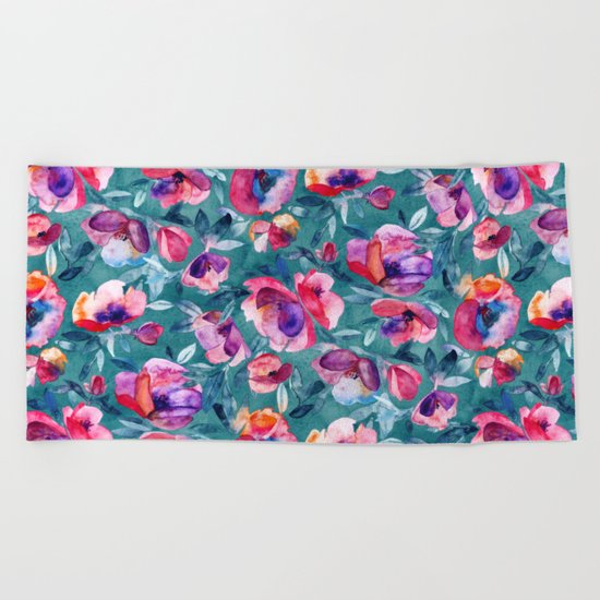 Flourish - a watercolor floral in pink and teal Beach Towel