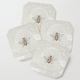 In the Bee Hive White on Wood Background Coaster