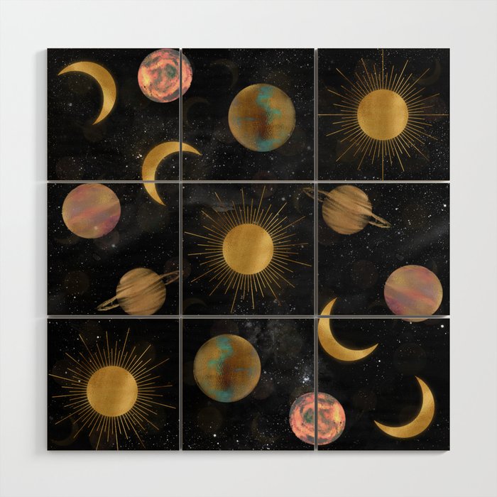 Gold Sun Moon Planets Space illustration Wood Wall Art