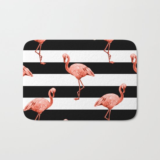 Simply Flamingo Deep Coral on Midnight Black Stripes Bath Mat