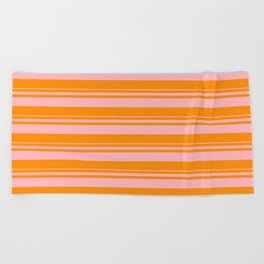 [ Thumbnail: Light Pink & Dark Orange Colored Stripes Pattern Beach Towel ]
