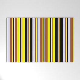[ Thumbnail: Yellow, Sienna, Lavender, and Black Colored Lines/Stripes Pattern Welcome Mat ]