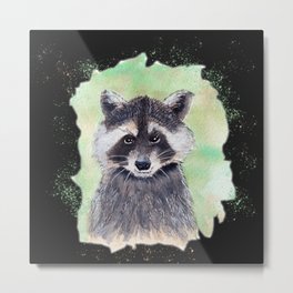 Raccoon Portrait Watercolor Black Background Metal Print