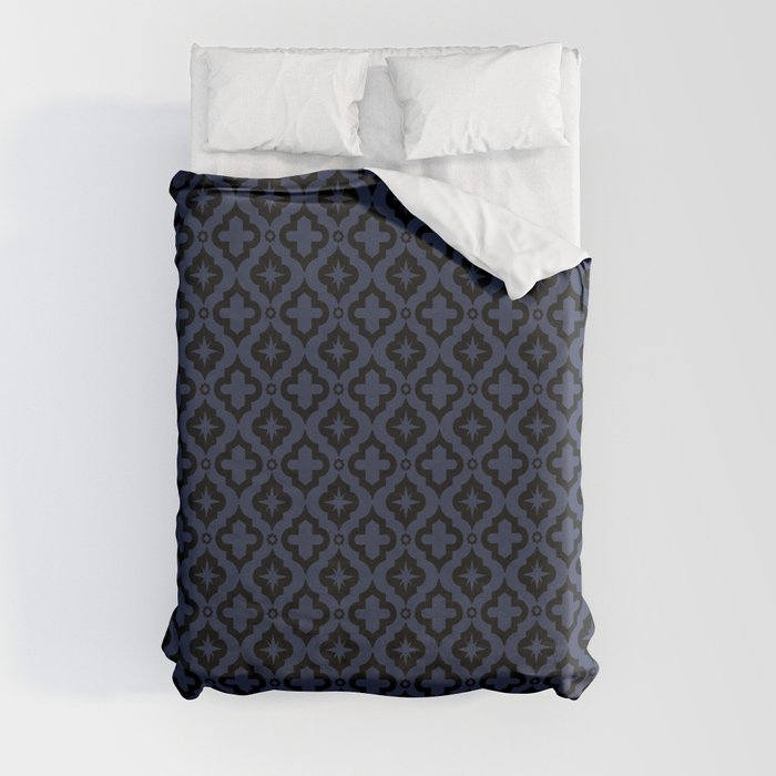 Navy Blue and Black Ornamental Arabic Pattern Duvet Cover