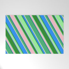 [ Thumbnail: Eye-catching Forest Green, Sea Green, Green, Pink & Blue Colored Lined/Striped Pattern Welcome Mat ]