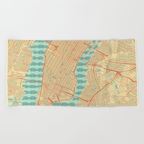 New York Map Retro Beach Towel
