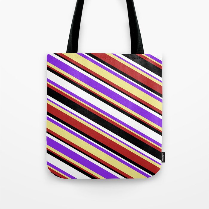 Colorful Purple, Tan, Red, Black & White Colored Stripes Pattern Tote Bag