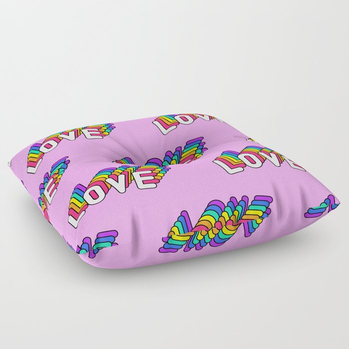 Seamless pattern with words “Love” isolated on pink background. Text patches wallpaper. Quirky funny cartoon comic style of 80-90s. Floor Pillow
