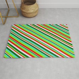 [ Thumbnail: Vibrant Turquoise, Green, Red, Lavender & Dark Green Colored Lined/Striped Pattern Rug ]