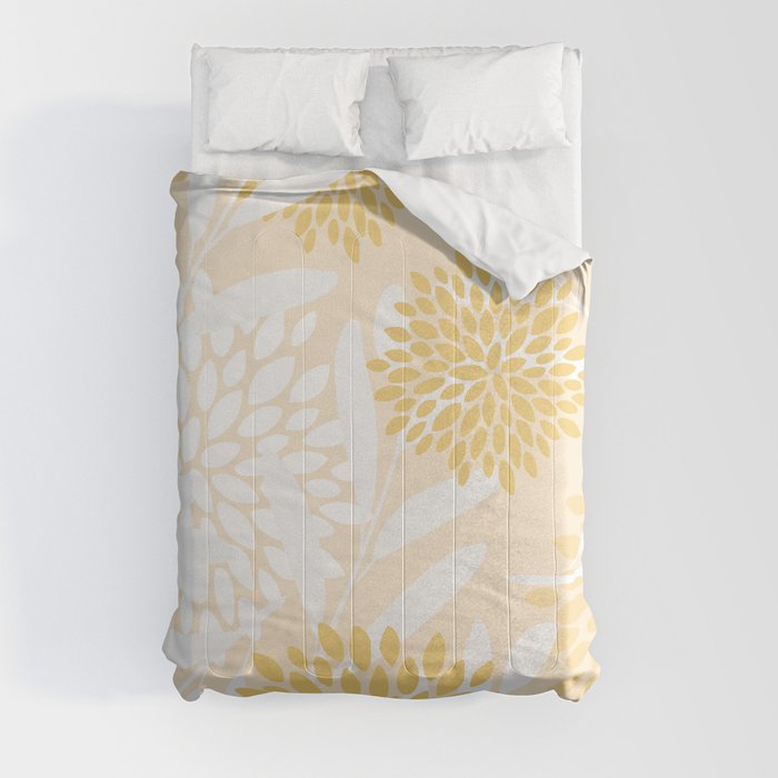 Floral Prints, Leaves and Blooms, Yellow and White Comforter