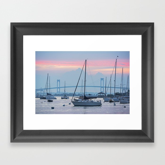 Pell Bridge Newport Harbor Newport RI Rhode Island Purple Sunset Framed Art Print