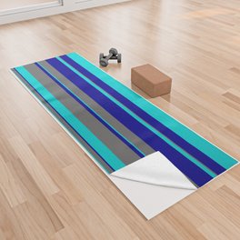 [ Thumbnail: Dark Turquoise, Dark Blue & Dim Grey Colored Lines/Stripes Pattern Yoga Towel ]