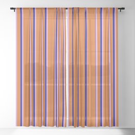 [ Thumbnail: Chocolate, Plum, and Blue Colored Lined/Striped Pattern Sheer Curtain ]