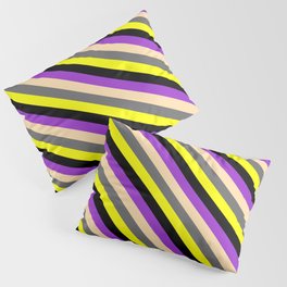 [ Thumbnail: Colorful Tan, Dim Grey, Yellow, Black, and Dark Orchid Colored Striped/Lined Pattern Pillow Sham ]