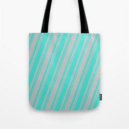 [ Thumbnail: Turquoise and Grey Colored Stripes Pattern Tote Bag ]